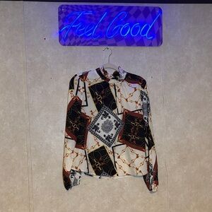 SHEIN Women's Black and White Patterned Button Down Shirt